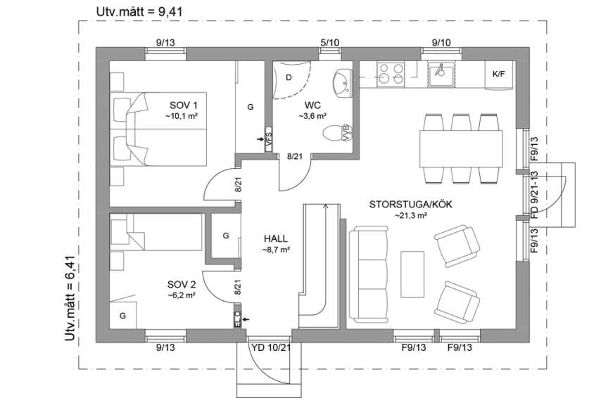 Planritning entréplan fritidshus med loft 52 kvm Dalarö 35-60 spegelvänd