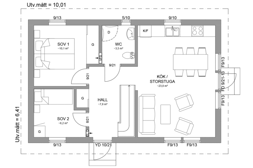 Planritning entréplan fritidshus med loft 79 kvm Dalarö 35-64 FHV spegelvänd