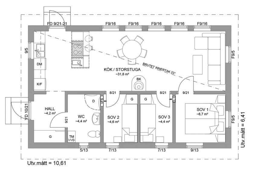 Planritning fritidshus enplanshus 59 kvm Sandhamn 23-68 spegelvänd