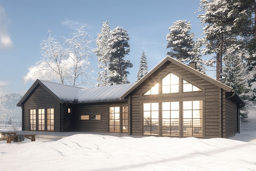 Sarek 145 fjällstuga h-format enplans timmerhus 126 kvm i vintermiljö