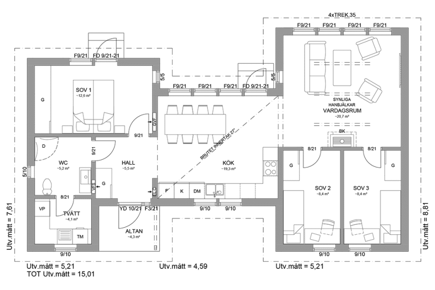 Planritning fritidshus enplanshus 86 kvm Torekov 107