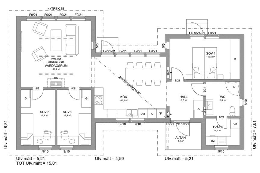 Planritning fritidshus enplanshus 86 kvm Torekov 107 spegelvänd